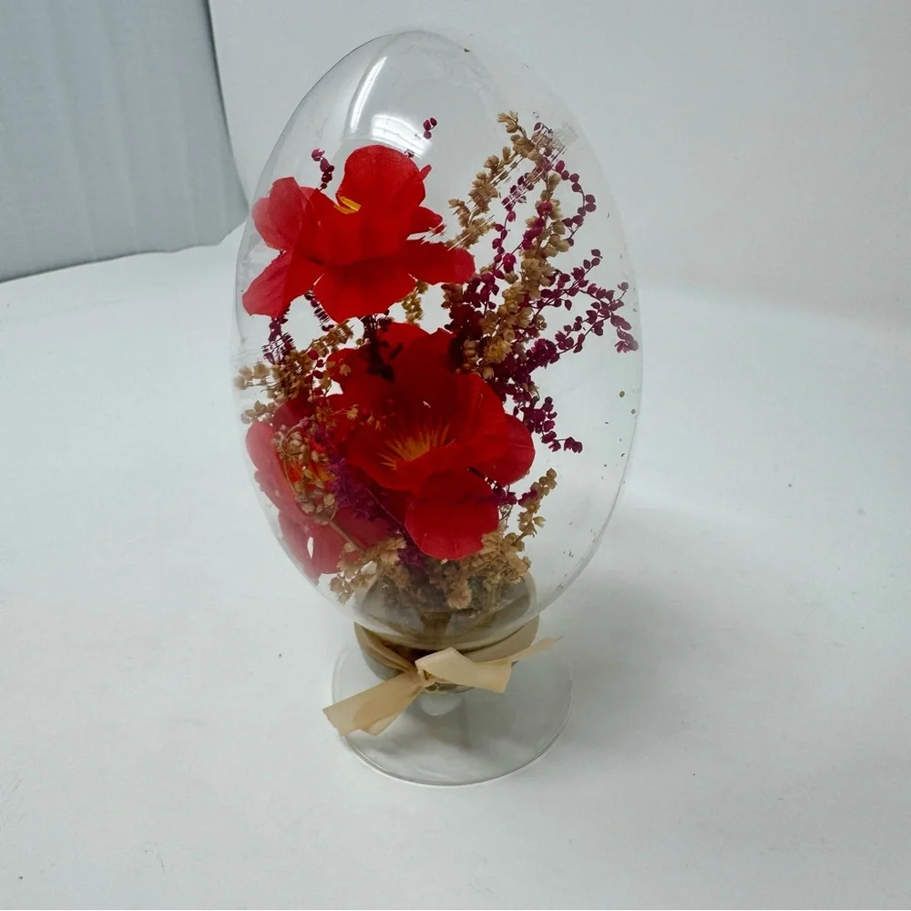 Vintage 1970s Floral Glass Egg Diorama Red Boho Hibiscus Flowers